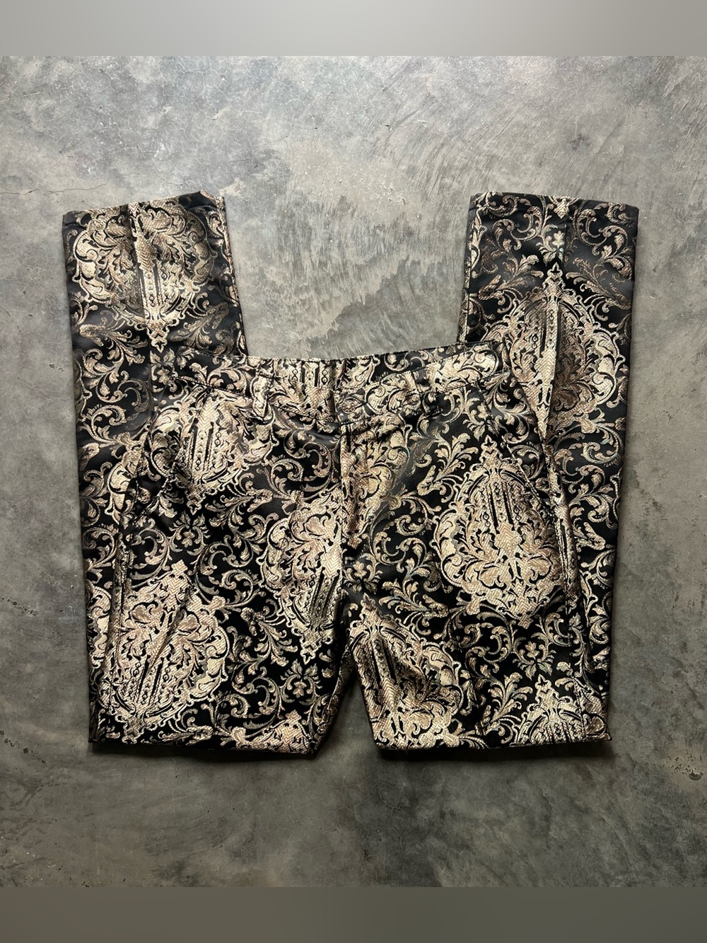 Vintage With Tags NYC Screaming Mimi's gold and black gothic baroque print pants